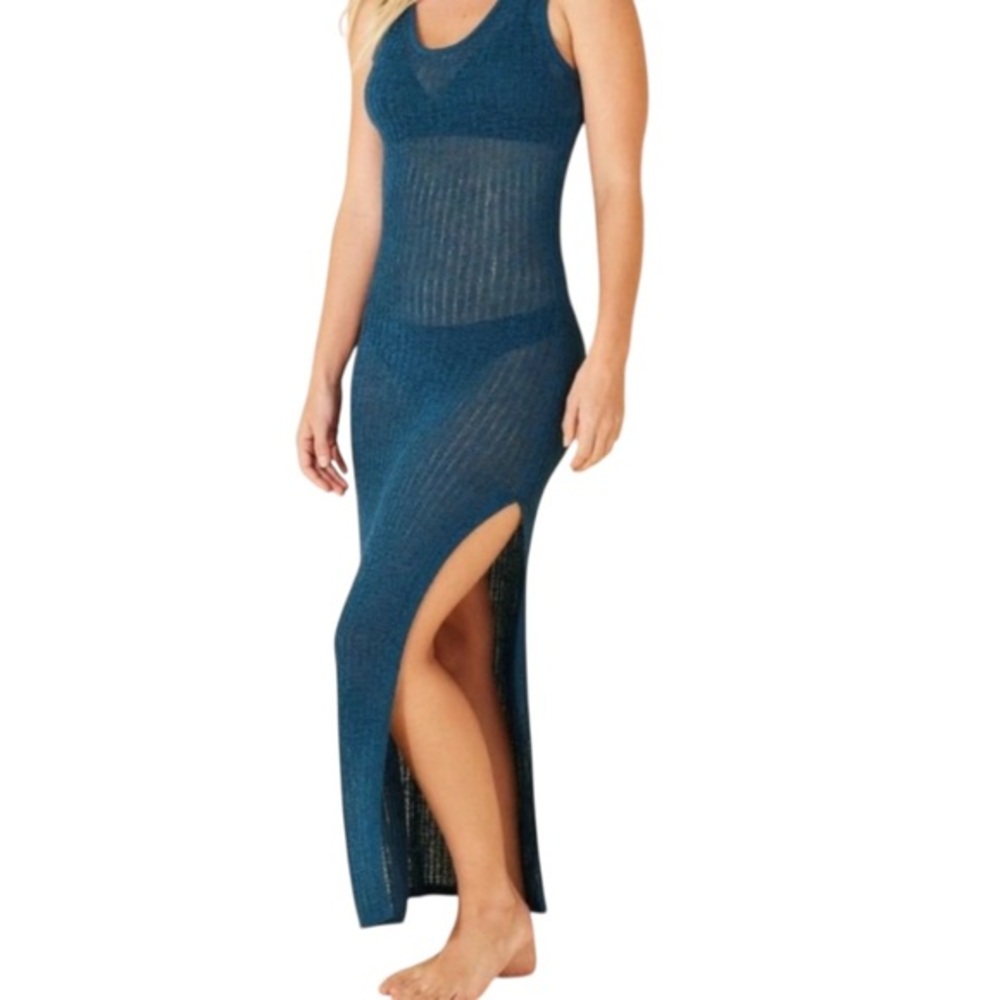 Shade & Shore Crochet Maxi Cover Up Tank Dress Teal Blue